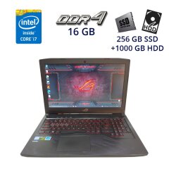 Игровой ноутбук Asus ROG Strix GL503G / 15.6" (1920x1080) TN LED / Intel Core i7-8750H (6 (12) ядер по 2.2 - 4.1 GHz) / 16 GB DDR4 / 256 GB SSD+1000 GB HDD / nVidia GeForce GTX 1050 Ti, 4 GB GDDR5, 128-bit / WebCam / USB 3.0 / HDMI / Thunderbolt / MiniDP
