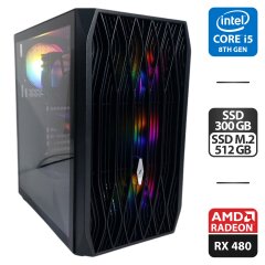 Игровой ПК 1stPlayer Ariya AY7 Tower / Intel Core i5-8500 (6 ядер по 3.0 - 4.1 GHz) / 16 GB DDR4 / 300 GB SSD + 512 GB SSD M.2 / AMD Radeon RX 480, 8 GB GDDR5, 256-bit / 500W + Игровая клавиатура KB-306, кабели DVI и питания