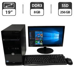 Комплект ПК: HP Pro 3500 Tower / Intel Core i5-3470 (4 ядра по 3.2 - 3.6 GHz) / 8 GB DDR3 / 256 GB SSD / Intel Graphics / DVD-ROM + Монитор Samsung S19B150N / 19" (1366x768) TN / VGA + Клавиатура, мышка, кабели подключения