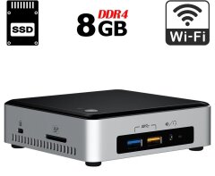 Неттоп Intel NUC NUC6I3SYB USFF / Intel Core i3-6100U (2 (4) ядра по 2.3 GHz) / 8 GB DDR4 / 250 GB SSD / Intel HD Graphics 520 / HDMI / miniDP / Wi-Fi / Блок питания в комплекте