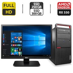 Комплект: Lenovo ThinkCentre M800 Tower / Intel Core i3-6100 (2 (4) ядра по 3.7 GHz) / 16 GB DDR4 / 250 GB SSD + 300 GB SSD / Sapphire Radeon RX 550, 4 GB GDDR5, 128-bit / DVD-ROM + Монитор LG 24MB37PM-B / 24" (1920x1080) IPS + Кабели, Wi-Fi адаптер