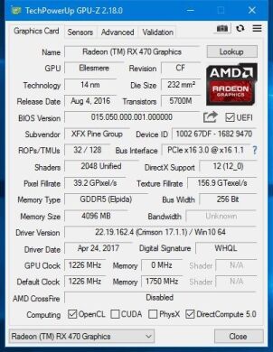 Дискретная видеокарта AMD Radeon XFX RX 470, 4 GB GDDR5, 256-bit