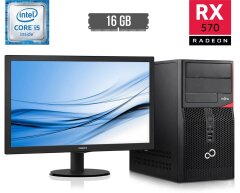 Комплект ПК: Fujitsu Tower / Intel Core i5-6400 (4 ядра по 2.7 - 3.3 GHz) / 16 GB DDR4 / 250 GB SSD + 500 GB HDD / AMD Radeon RX 570, 8 GB GDDR5, 256-bit + Монитор Philips 223V5L / 21.5" (1920x1080) TN / VGA, DVI