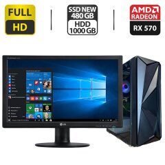 Комплект ПК: 1stPlayer Tower NEW / Intel Core i7-2600K (4 (8) ядра по 3.4 - 3.8 GHz) / 32 GB DDR3 / 480 GB NEW + 1000 GB HDD / AMD Radeon RX 570, 8 GB GDDR5, 256-bit + Монитор LG W2442PA-SF / 24" (1920x1080) TN / VGA, DVI, HDMI + Кабели подключения