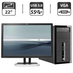 Комплект ПК: HP ProDesk 400 G1 Tower / Intel Core i3-4130 (2 (4) ядра по 3.4 GHz) / 4 GB DDR3 / 500 GB HDD / Intel HD Graphics 4400 / DVD-ROM + Монитор HP L2208w / 22" (1680x1050) TN / VGA + Кабели в подарок