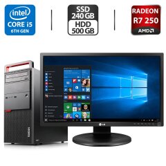 Комплект ПК: Lenovo ThinkCentre M800 Tower / Intel Core i5-6400 (4 ядра по 2.7 - 3.3 GHz) / 16 GB DDR4 / 240 GB SSD + 500 GB HDD / AMD Radeon R7 250, 2 GB GDDR5, 128-bit + Монитор LG 24MB35PM-B / 24" (1920x1080) IPS / VGA + Клавиатуры, мышка, кабели