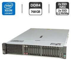 Сервер HP ProLiant DL380 Gen10 (8x 2.5 SFF, 8x 2.5 U2 NVMe) 2U Rack / 2x Intel Xeon Gold 6138 (20 (40) ядра по 2.0 - 3.7 GHz) / 768 GB DDR4 / 2x 800 GB SSD (SAS) + 2x 1920 SSD U.2 NVMe / RAID HP Smart Array P408 / 2x 500W + 2 корзины для HDD