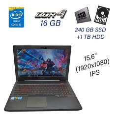 Игровой ноутбук Asus FX503V / 15.6" (1920х1080) IPS / Intel Core i7-7700HQ (4 (8) ядра по 2.8 - 3.8 GHz) / 16 GB DDR4 / 240 GB SSD+1 TB HDD / nVidia GeForce GTX 1050, 4 GB GDDR5, 128-bit / WebCam / USB 3.0 / HDMI
