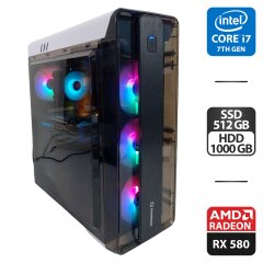 Ігровий ПК GameMax MoonLight Tower / Intel Core i7-7700 (4 (8) ядра по 3.6 - 4.2 GHz) / 32 GB DDR4 / 512 GB SSD M.2 + 1000 GB HDD / AMD Radeon RX 580, 8 GB GDDR5, 256-bit / 530W + Кабелі (DVI або HDMI) та живлення