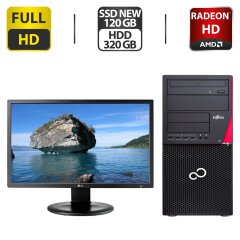 Комплект ПК: Fujitsu Esprimo P720 E90 Tower / Intel Core i3-4160 (2 (4) ядра по 3.6 GHz) / 8 GB DDR3 / 120 GB SSD + 320 GB HDD / AMD Radeon HD 7570, 1 GB GDDR3, 128-bit + Монитор Б-класс LG 24MB35PM-B / 24" (1920x1080) IPS + Кабели в подарок
