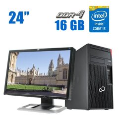 Комплект ПК: Fujitsu Esprimo P757 E90+ Tower / Intel Core i5-7400 (4 ядра по 3.0 - 3.5 GHz) / 16 GB DDR4 / 240 GB SSD / Intel HD Graphics 630 + Монитор HP LP2475w / 24" (1920x1200) TN / DVI, DP, HDMI + Клавиатура и мышь