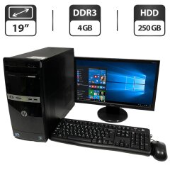 Комплект ПК: HP 500B Tower / Intel Pentium E5800 (2 ядра по 3.2 GHz) / 4 GB DDR3 / 250 GB HDD / Intel Graphics / DVD-ROM + Монитор Б-класс Acer V193HQV / 19" (1366x768) TN / VGA + Клавиатура, мышка, кабели подключения