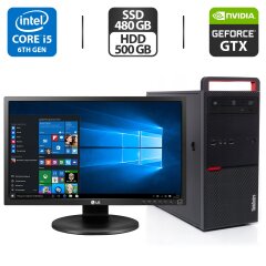 Комплект ПК: Lenovo ThinkCentre M800 Tower / Intel Core i5-6400 (4 ядра по 2.7 - 3.3 GHz) / 16 GB DDR4 / 480 GB SSD + 500 GB HDD / nVidia GeForce GTX 1050 Ti, 4 GB GDDR3, 128-bit + Монитор LG 24MB35PM-B / 24" (1920x1080) IPS / VGA + Кабели подключения