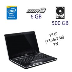 Ноутбук Toshiba Satellite A500 / 15.6" (1366x768) TN / Intel Core i5-430M (2 (4) ядра по 2.26 - 2.53 GHz) / 6 GB DDR3 / 500 GB HDD / nVidia GeForce GT 330M, 1 GB GDDR3, 128-bit / WebCam / HDMI / АКБ держит 0 минут