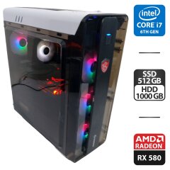 Ігровий ПК GameMax MoonLight Tower / Intel Core i7-6700 (4 (8) ядра по 3.4 - 4.0 GHz) / 32 GB DDR4 / 512 GB SSD M.2 + 1000 GB HDD / AMD Radeon RX 580, 8 GB GDDR5, 256-bit / 500W + Кабелі (DVI або HDMI) та живлення