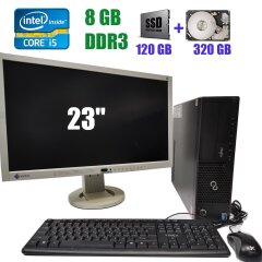 Комплект: Fujitsu Esprimo E700 E90+ SFF / Intel Core i5-2400 (4 ядра по 3.1 - 3.4 GHz) / 8 GB DDR3 / 120 GB SSD+320 GB HDD + Монитор (Б-класc) EIZO FlexScan EV2333W / 23" (1920x1080) PVA / DVI, VGA, DisplayPort / встроенные колонки + Кабели