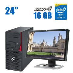 Комплект ПК: Fujitsu Esprimo P756 E90+ Tower / Intel Core i5-6500 (4 ядра по 3.2 - 3.6 GHz) / 16 GB DDR4 / 240 GB SSD / Intel HD Graphics 530 + Монитор HP LP2475w / 24" (1920x1200) TN / DVI, DP, HDMI + Клавиатура и мышь