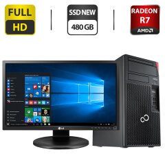 Комплект ПК: Fujitsu Esprimo P757 E85 Tower / Intel Core i5-6400 (4 ядра по 2.7 - 3.3 GHz) / 16 GB DDR4 / 480 GB SSD / AMD Radeon R7 430, 2 GB GDDR5, 128-bit + Монитор LG 24MB35PM-B / 24" (1920x1080) IPS / VGA + Клавиатура, мышка, кабели, переходник