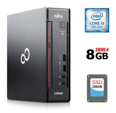 Неттоп Fujitsu Esprimo Q556/2 USFF / Intel Core i5-7400T (4 ядра по 2.4 - 3.0 GHz) / 8 GB DDR4 / 256 GB SSD / Intel HD Graphics 630 / DVD-ROM / DisplayPort