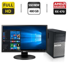Комплект ПК: Dell OptiPlex 7020 Tower / Intel Core i5-4670 (4 ядра по 3.4 - 3.8 GHz) / 16 GB DDR3 / 480 GB SSD / AMD Radeon RX 470, 4 GB GDDR5, 256-bit + Монітор LG 24MB35PM-B / 24" (1920x1080) IPS / VGA + Кабелі у подарунок