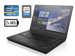 Ноутбук Lenovo ThinkPad T460 / 14" (1366x768) TN / Intel Core i5-6200U (2 (4) ядра по 2.3 - 2.8 GHz) / 8 GB DDR3 / 256 GB SSD / Intel HD Graphics 520 / WebCam / miniDP / HDMI / Дві батареї