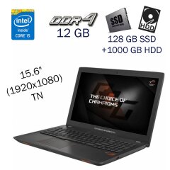 Ігровий ноутбук Asus GL553 / 15.6" (1920x1080) TN / Intel Core i5-7300HQ (4 ядра по 2.5 - 3.5 GHz) / 12 GB DDR4 / 128 GB SSD+1000 GB HDD / nVidia GeForce GTX 1050, 4 GB GDDR5, 128-bit / WebCam / DVD-ROM