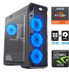 Ігровий ПК Gamemax StarLight Tower / AMD Ryzen 5 2600 (6 (12) ядер по 3.4 - 3.9 GHz) / 16 GB DDR4 / 120 GB SSD + 500 GB HDD / nVidia GeForce GTX 1070, 8 GB GDDR5, 256-bit / 500W