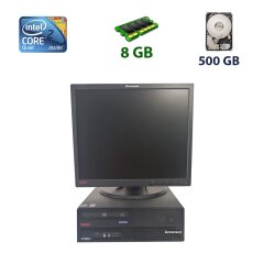 Lenovo ThinkCentre M57p SFF / Intel Core 2 Quad Q6600 (4 ядра по 2.4 GHz) / 8 GB DDR2 / 500 GB HDD / DVD-RW + Lenovo L1900PA / 19" (1280x1024) TFT TN / VGA, DVI + комплект кабелей