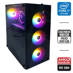 Игровой ПК 1stPlayer V3B Tower NEW / Intel Core i7-4770 (4 (8) ядра по 3.4 - 3.9 GHz) / 16 GB DDR3 / 480 GB SSD NEW + 500 GB HDD / AMD Radeon RX 580, 8 GB GDDR5, 256-bit / 600W NEW / HDMI + Мышка, кабели DVI и питания