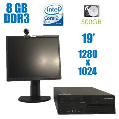 Lenovo M58 SFF / Intel Core 2 Duo E8400 (2 ядра по 3.0 GHz) / 8 GB DDR3 / 500 GB HDD + NEC/Acer/Samsung/Lenovo Black / 19" (1280x1024)