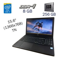 Ноутбук Б клас Fujitsu LifeBook A556 / 15.6" (1366x768) TN / Intel Core i5-6200U (2 (4) ядра по 2.3 - 2.8 GHz) / 8 GB DDR4 / 256 GB SSD / Intel HD Graphics 520 / WebCam / Fingerrnint / Windows 10 PRO Lic
