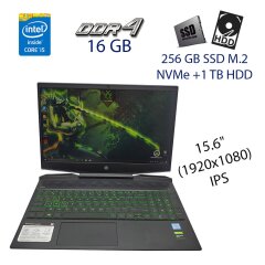 Игровой ноутбук HP Pavilion 15-dk0056nr / 15.6" (1920х1080) IPS / Intel Core i5-9300H (4 (8) ядра по 2.4 - 4.1 GHz) / 16 GB DDR4 / 256 GB SSD M.2 NVMe+1 TB HDD / nVidia GeForce GTX 1650, 4 GB GDDR5, 128-bit / WebCam / HDMI