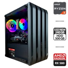 Игровой ПК 1stPlayer B2-4R1 Black Tower NEW / AMD Ryzen 5 1600 NEW (6 (12) ядер по 3.2 - 3.6 GHz) / 16 GB DDR4 NEW / 240 GB SSD NEW + 500 GB HDD / AMD Radeon RX 580, 8 GB GDDR5, 256-bit / 550W / HDMI