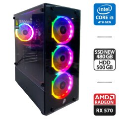 Игровой ПК 1stPlayer Fire Dancing V2 Tower / Intel Core i5-4590 (4 ядра по 3.3 - 3.7 GHz) / 32 GB DDR3 / 480 GB SSD + 500 GB HDD / AMD Radeon RX 570, 8 GB GDDR5, 256-bit / 500W + Мышка, кабели в комплекте