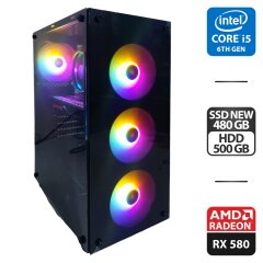 Игровой ПК 1stPlayer V3B Tower NEW / Intel Core i5-6500 (4 ядра по 3.2 - 3.6 GHz) / 16 GB DDR4 / 480 GB SSD NEW + 500 GB HDD / AMD Radeon RX 580, 8 GB GDDR5, 256-bit / 600W NEW / HDMI + Мышка, кабели DVI и питания