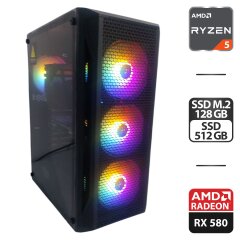 Игровой ПК 1stPlayer X5 Firebase Tower / AMD Ryzen 5 3600 (6 (12) ядер по 3.6 - 4.2 GHz) / 16 GB DDR4 / 128 GB SSD M.2 + 512 GB SSD / AMD Radeon RX 580, 8 GB GDDR5, 256-bit / 500W + Кабели DVI и питания