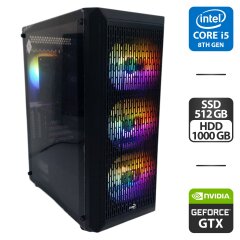 Игровой ПК AeroCool Beam-G-BK-v2 Tower / Intel Core i5-8500 (6 ядер по 3.0 - 4.1 GHz) / 32 GB DDR4 / 512 GB SSD M.2 + 1000 GB HDD / nVidia GeForce GTX 1060, 6 GB GDDR5, 192-bit / 600W + Кабели DVI и питания