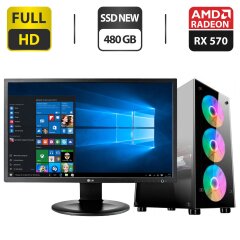 Комплект ПК: 1stPlayer V3-A-4G6 Tower / Intel Core i7-4770 (4 (8) ядра по 3.4 - 3.9 GHz) / 16 GB DDR3 / 480 GB SSD NEW / AMD Radeon RX 570, 4 GB GDDR5, 256-bit / 500W NEW + Монитор LG 24MB35PM-B / 24" (1920x1080) IPS / VGA / DVI + Кабели подключения