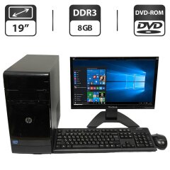 Комплект ПК: HP 600B Tower / Intel Celeron G540T (2 ядра по 2.1 GHz) / 8 GB DDR3 / 500 GB HDD / Intel HD Graphics / DVD-ROM + Монитор ViewSonic VA1911a-LED / 19" (1366x768) TN / VGA + Клавиатура, мышка, кабели подключения
