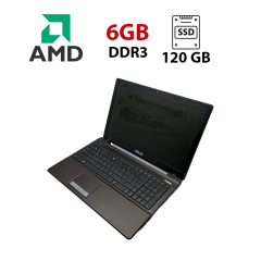 Ноутбук Asus K53 / 15.6" (1366x768) TN / AMD E-450 (2 ядра по 1.65 GHz) / 6 GB DDR3 / 120 GB SSD / AMD Radeon HD 6320 Graphics / WebCam / АКБ не тримає