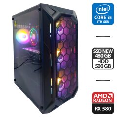 Игровой ПК 1stPlayer FireBase X6 Tower NEW / Intel Core i5-8500 (6 ядер по 3.0 - 4.1 GHz) / 16 GB DDR4 / 480 GB SSD NEW + 500 GB HDD / AMD Radeon RX 580, 8 GB GDDR5, 256-bit / 600W NEW / HDMI + Мышка, кабели DVI и питания