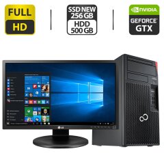 Комплект ПК: Fujitsu P757 E85+ Tower / Intel Core i5-7500T (4 ядра по 2.7 - 3.3 GHz) / 16 GB DDR4 / 256 GB SSD NEW + 500 GB HDD / nVidia GeForce GTX 1050 Ti, 4 GB GDDR5, 128-bit + Монитор LG 24MB35PM-B / 24" (1920x1080) IPS + Клавиатура, мышка, кабели