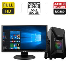Комплект ПК: Gamdias Athena E1 Elite Tower / Intel Core i5-8400 (6 ядер по 2.8 - 4.0 GHz) / 16 GB DDR4 / 480 GB SSD + 500 GB SSD / AMD Radeon RX 580, 8 GB GDDR5, 256-bit + Монитор LG 24MB35PM-B / 24" (1920x1080) IPS / VGA + Wi-Fi адаптер, мышка, кабели
