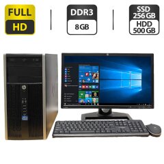 Комплект ПК: HP Compaq 8200 Elite Tower / Intel Core i7-2600 (4 (8) ядра по 3.4 - 3.8 GHz) / 8 GB DDR3 / 256 GB SSD + 500 GB HDD / Intel HD Graphics 2000 + Монитор Б-класс HP ZR2240w / 22" (1920x1080) TN / VGA, DVI, HDMI + Клавиатура, мышка, кабели