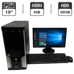 Комплект ПК: компьютер Asus Vento Tower / Intel Celeron G1610 (2 ядра 2.6 GHz) / 8 GB DDR3 / 250 GB HDD / Intel Graphics + Монитор Acer V193HQV / 19" (1366x768) TN / VGA + Клавиатура, мышка, кабели