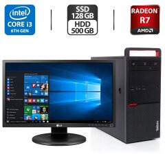 Комплект ПК: Lenovo ThinkCentre M800 Tower / Intel Core i3-6100 (2 (4) ядра по 3.7 GHz) / 16 GB DDR4 / 128 GB SSD + 500 GB HDD / AMD Radeon R7 240, 4 GB GDDR3, 128-bit + Монитор LG 24MB35PM-B / 24" (1920x1080) IPS + Клавиатура, мышка, кабели DVI и питания