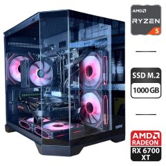 Збірка під замовлення: ігровий ПК Qube Crystal ARGB Black Tower / AMD Ryzen 5 5500 (6 (12) ядер по 3.6 - 4.2 GHz) / 32 GB DDR4 / 1000 GB SSD M.2 / AMD Radeon RX 6700 XT, 12 GB GDDR6, 192-bit / 650W