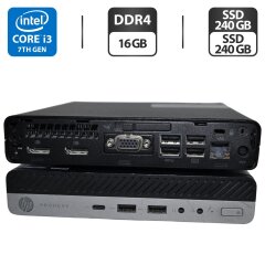 Неттоп HP ProDesk 600 G3 Mini PC USFF / Intel Core i3-7100T (2 (4) ядра по 3.4 GHz) / 16 GB DDR4 / 240 GB SSD M.2 + 240 GB SSD / Intel HD Graphics 630 / Windows 11 Pro + Блок живлення
