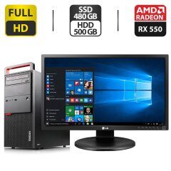 Комплект ПК: Lenovo ThinkCentre M800 Tower / Intel Core i5-6400 (4 ядра по 2.7 - 3.3 GHz) / 16 GB DDR4 / 480 GB SSD + 500 GB HDD / AMD Radeon RX 550, 4 GB GDDR5, 128-bit / DVD-ROM + Монитор LG 24MB37PM-B / 24" (1920x1080) IPS + Кабели (DVI и питания)