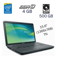 Ноутбук Lenovo G550 / 15.6" (1366x768) TN / Intel Pentium T4300 (2 ядра по 2.1 GHz) / 4 GB DDR3 / 500 GB HDD / nVidia GeForce GT 210, 512 MB DDR3, 64-bit / WebCam / DVD-ROM